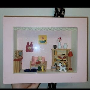 Miniature Dollhouse Shadow Box with Pink Frame Vintage Kids Wall Decor
